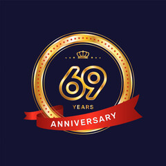 69 year anniversary logo with gold ring and red ribbon, vector template
