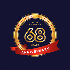 68 year anniversary logo with gold ring and red ribbon, vector template