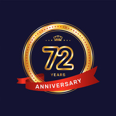 72 year anniversary logo with gold ring and red ribbon, vector template