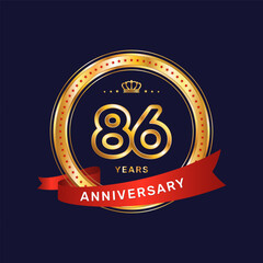 86 year anniversary logo with gold ring and red ribbon, vector template