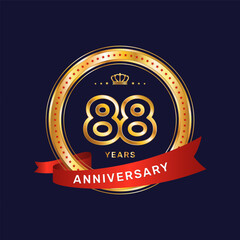 88 year anniversary logo with gold ring and red ribbon, vector template