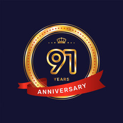 91 year anniversary logo with gold ring and red ribbon, vector template