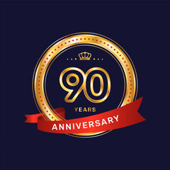 90 year anniversary logo with gold ring and red ribbon, vector template