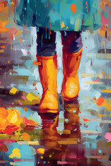 Zoom in on a pair of brightly colored rain boots splashing through puddles. AI generative
