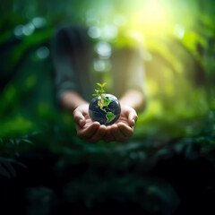 Green energy planet in hands