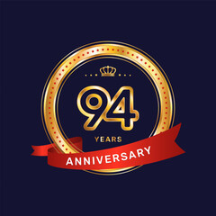 94 year anniversary logo with gold ring and red ribbon, vector template