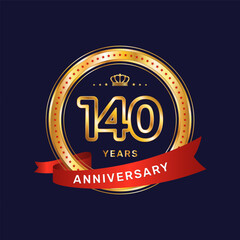 140 year anniversary logo with gold ring and red ribbon, vector template