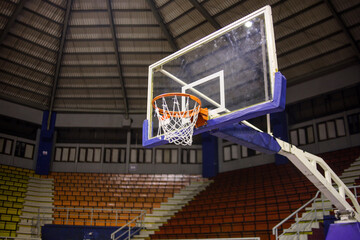 basketball hall with empty stands, basketball court, basketball stadium. 