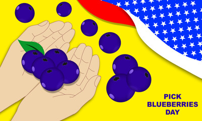illustration of a pair of hands holding blueberries and blueberries around it and American flag corner frame and bold text commemorating PICK BLUEBERRIES DAY
