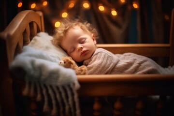 A baby peacefully asleep in a snug crib, exuding pure adorableness. Generative AI