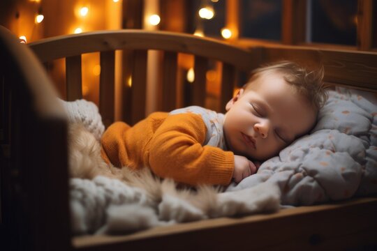 A baby peacefully asleep in a snug crib, exuding pure adorableness. Generative AI