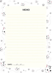 Memo pad, note pad with cute little cat drawing. Design template illustrations for memos paper notes, journals, to-do list, reminders, and messages.
