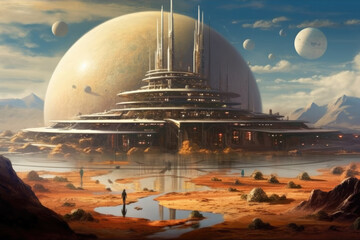 Obraz premium A space port on the Saturn created with Generative AI technology