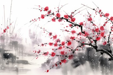 Obraz premium 梅の木水墨画,Generative AI AI画像