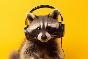 a cute raccoon wearing earphones on a yellow background