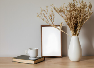 Empty wooden picture frame mockup hanging on beige wall background. Boho shaped vase, dry flowers on table. Cup of coffee, old books. Working space, home office. Art, poster display. Ai Generative