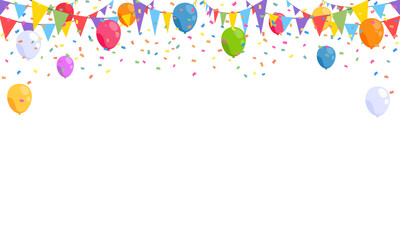 Celebrate hanging triangular garlands with confetti and balloon. Colorful perspective flags party isolated on white background. Birthday, anniversary, and festival fair concept. Vector illustration.