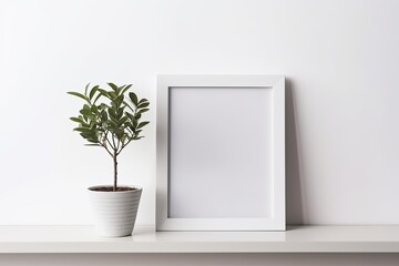 A clean empty white picture frame sitting next to a plant