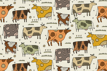 Stylish Ethnic Cows family on meadow. Seamless pattern background. Vector Illustration