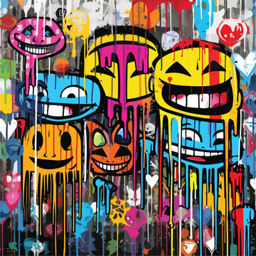 City graffiti smiling face. Various types of faces with drip, splash, disheveled, street style
