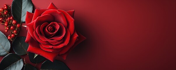 red rose with stem on red background