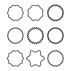 Set of vector black wavy grunge stickers with uneven rough edges icon, Blank circle templates with place for text for the design of banners on white..eps