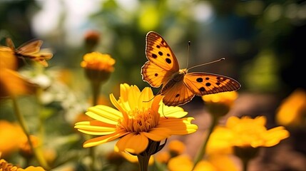 Beautiful Cute Yellow Butterfly On Orange Flower In Nature 