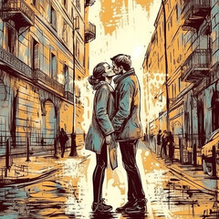 Fototapeta na wymiar A drawn image of a young couple in love hugging and kissing on a city street with beautiful old architecture. Generative AI