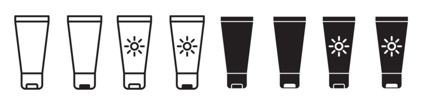 Sunscreen bottle icon set. Summer sun protection cream vector icon set. Body sunblock cream pictogram suitable for skincare products.