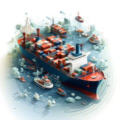 isometric 2D illustration of eight cargo ships forming circular formation, creating eye-catching pattern against white background. AI Generated, Generative AI