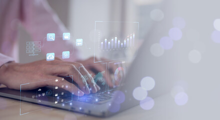 Data analysis concept Analyst Business Analytics and Data Management System on computer, report with KPI and metrics connected to database. Corporate strategy for finance, operation, sales, marketing