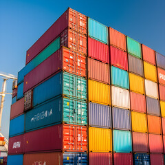 Fototapeta premium many container on large cargo ship, very high details, daylight, clear sky. AI Generated, Generative AI