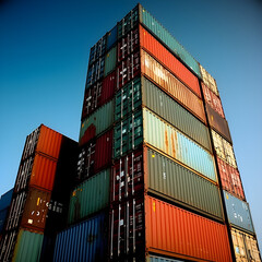 Fototapeta premium many container on large cargo ship, very high details, daylight, clear sky. AI Generated, Generative AI