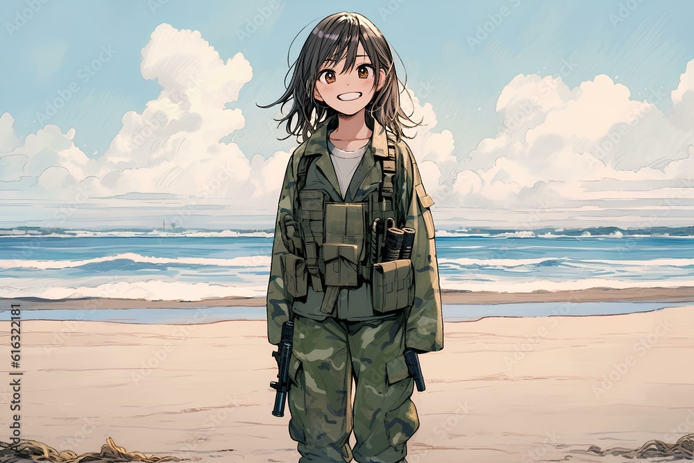 Wall mural cute smile anime girl with military hip-hop fashion, army boots, relaxed standing pose on beach, jap