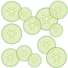 Transparent cucumber slices on white background, vector seamless pattern, background.