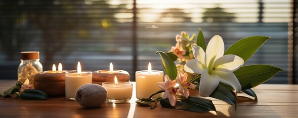 Spa and wellness concept with candle flowers and towels