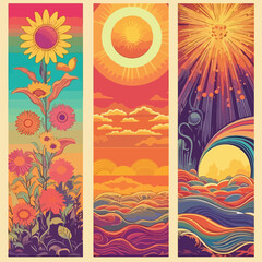 Fototapeta na wymiar Collection of bright groovy posters 70s. Retro poster with psychedelic landscapes with flowers and sun, vintage prints, isolatedCollection of bright groovy posters 70s. Retro poster with psychedelic l