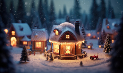 Fototapeta na wymiar winter wonderland with little town and Christmas tree inside a snow globe , snowing, festive.
