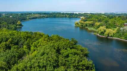 Aerial view of Kelso lake in the spring