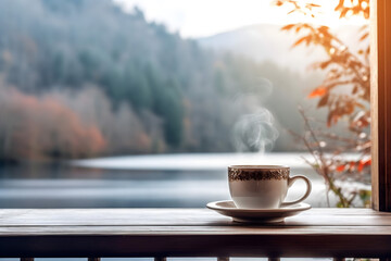 cup of coffee on a window view on lake