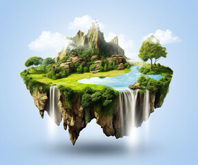 Flying green forest land with trees, green grass, mountains, blue water and waterfalls isolated with clouds. Floating island with greenery and beautiful landscape scenery. Generative Ai. © Zaid