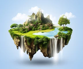 Wall murals Fantasy Landscape Flying green forest land with trees, green grass, mountains, blue water and waterfalls isolated with clouds. Floating island with greenery and beautiful landscape scenery. Generative Ai.