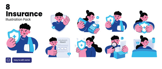 Fototapeta premium Insurance concept illustration. Set of people vector illustrations in various activities of insurance, insurance policy, insurance document, claim cashless, inpatient, medical insurance, outpatient 