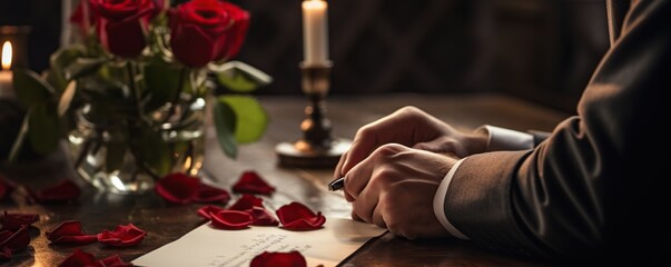 a man's hand writes a love letter to his girlfriend, with one beautiful fresh red rose.