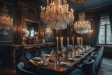 Fototapeta na wymiar Opulent Dining Area with Luxurious Chandeliers, Plush Velvet Chairs, and a Grand Marble Table Created with Generative AI