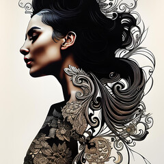 Colorful beautiful woman Black ink flow_2
