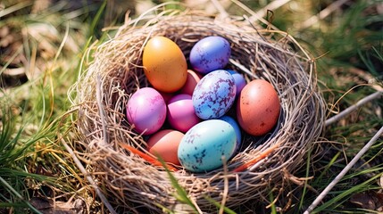 Naklejka na ściany i meble colored painted Easter eggs in a nest on a forest glade in the grass on a bright sunny day