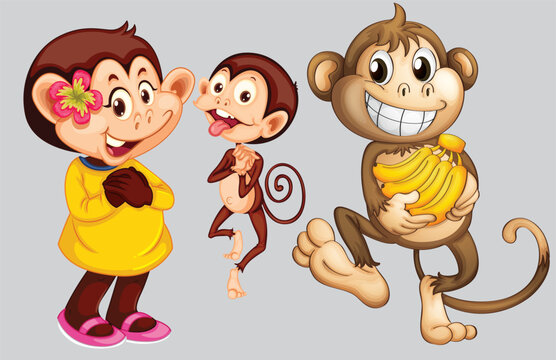 Cute Monkey cartoon character Different pose monkey