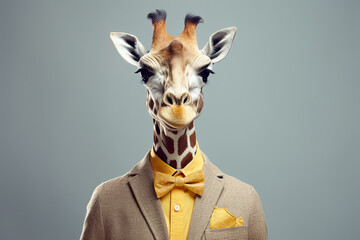 Portrait of giraffe wearing suit and bow tie, Generative AI