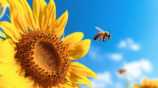 An artistic photograph of a bee perched on a yellow sunflower against a contrasting blue sky Generative AI